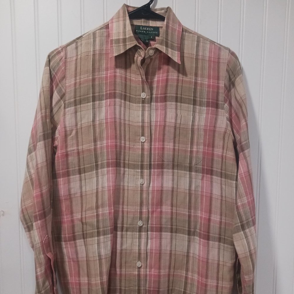 Lauren Ralph Lauren Small Plaid Button Down Top Pink Tan Linen Roll Sleeves